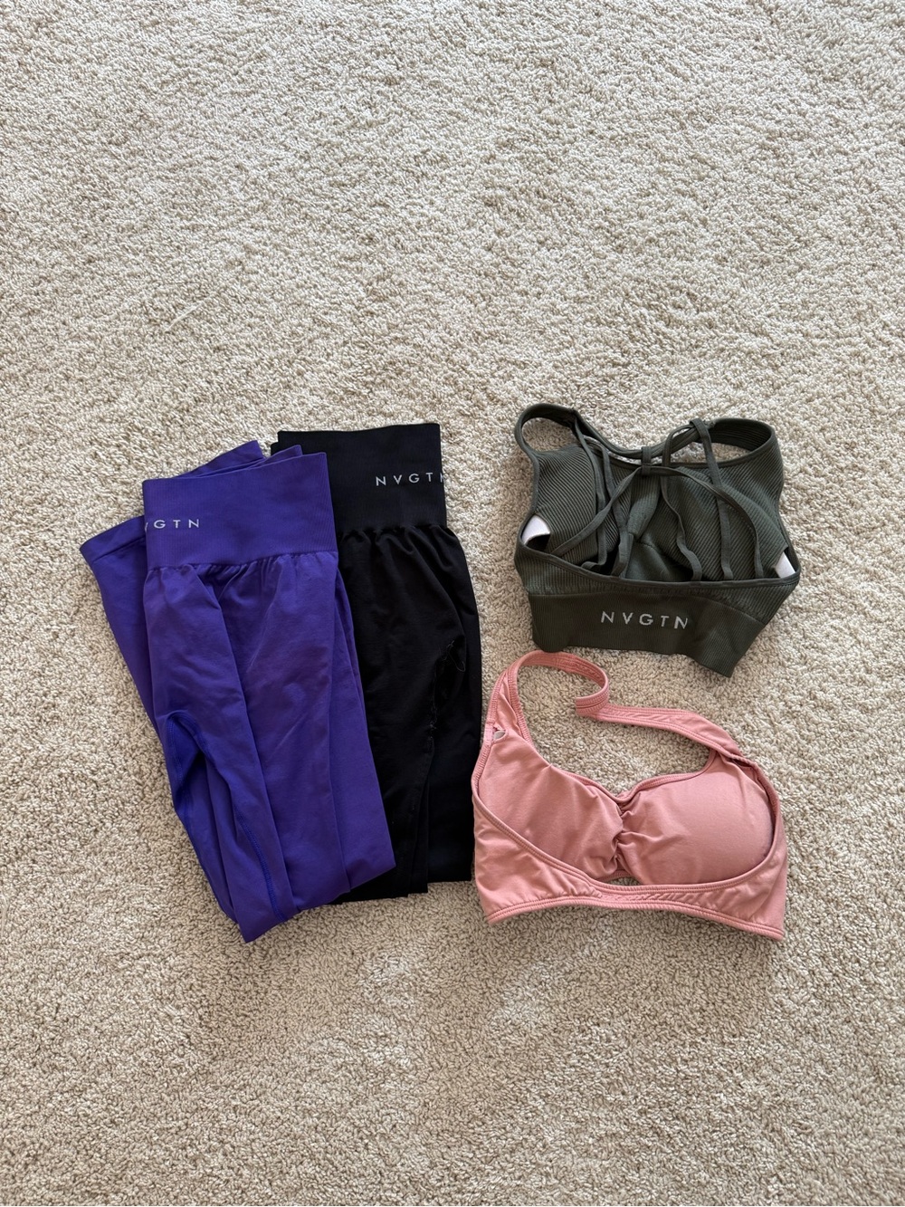 NVGTN Purple & Black Leggings & Salmon Sports Bras